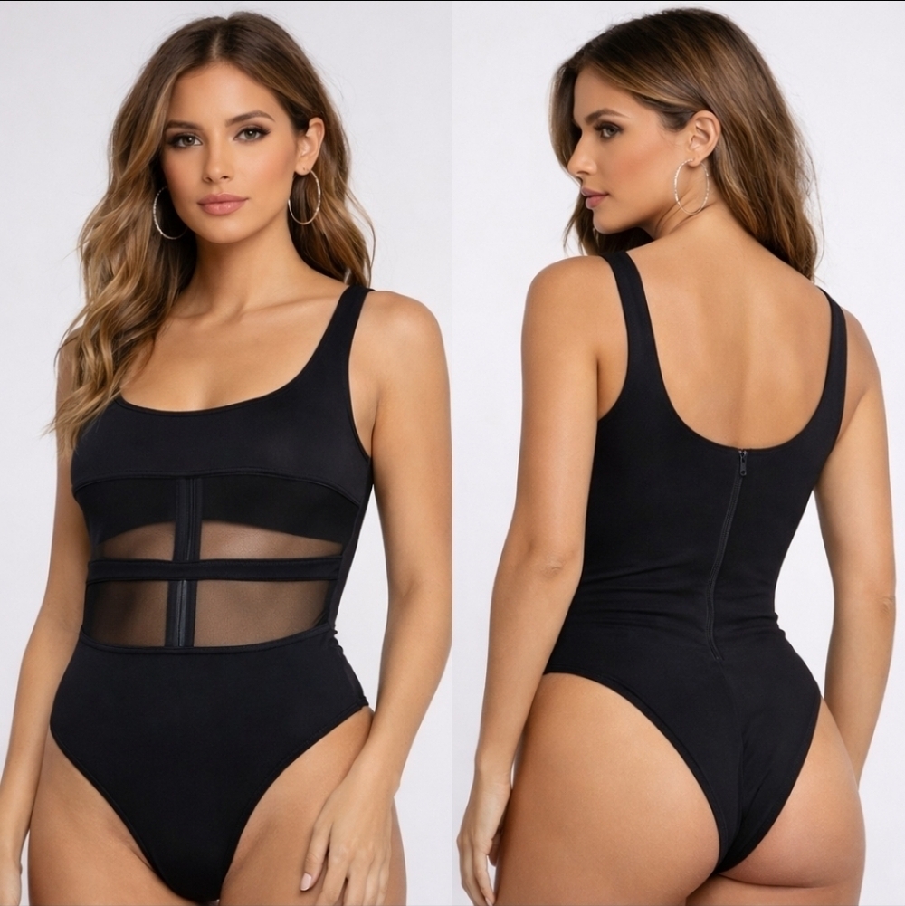 Black Sculpting Mesh Cutout Bodysuit Minimalist Skims Inspired Size M